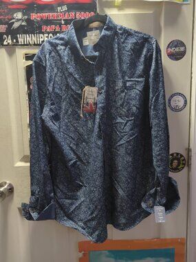 Mens Shirt-RUE SAINT-PATRICK-MONTREAL-blue/white patterned long sleeve- Large